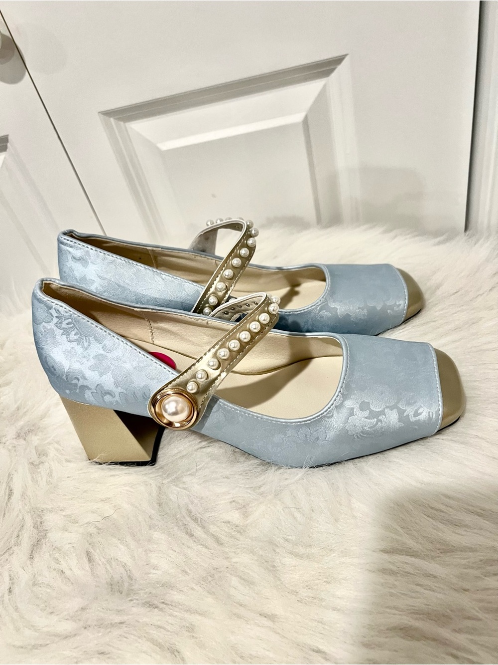 Geeyea Elegant Textured Light Blue Pearl-Accent Mary Jane Heels - Women